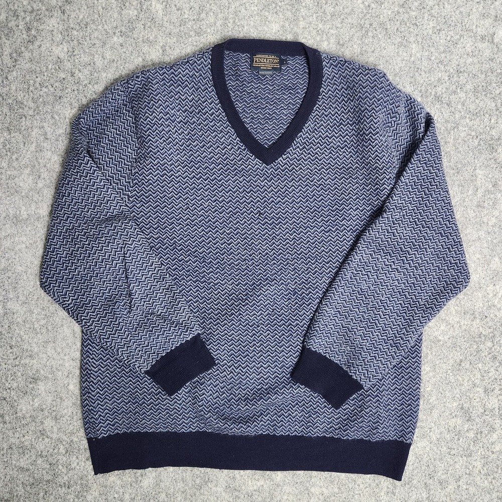 Pendleton Merino Wool Sweater Men M Blue Herringbone Arrow Pattern‎ V Neck Warm